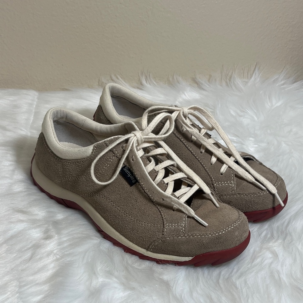 Simple Tan Sand Cream Suede Sneakers with Red Soles